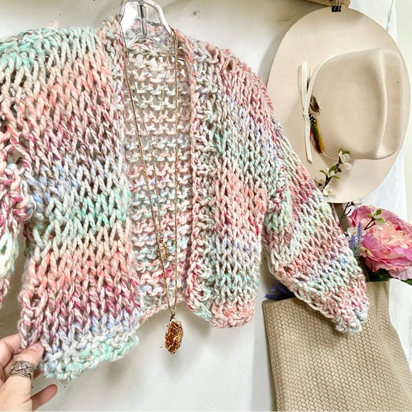 Artisan chunky knit cropped boho sweater w prairie shabby chic vibe - Picture 7 of 10